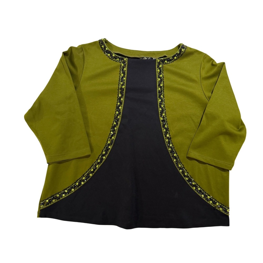 Vintage Y2K Bob Mackie Wearable Art 2X Olive Black Beaded Embellished Knit Top‎